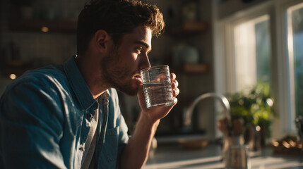 A young man sipping coffee in a sunlit kitchen while glancing at a floating holographic calendar displaying his to-do list and meeting alerts. 