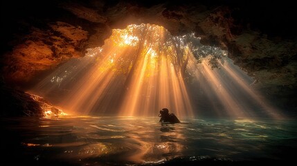 Sunbeams illuminate underwater cave