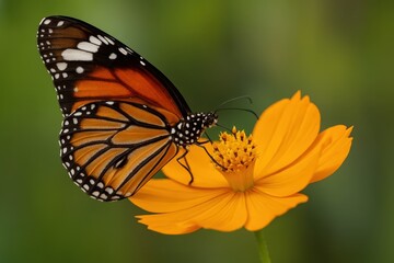 Fototapeta premium Magnificent monarch butterfly resting delicately on bright marigold flower in natural garden setting