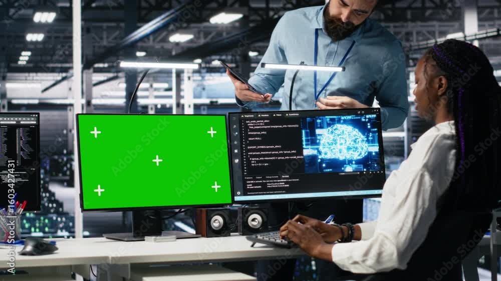 Poster female programmer talking with manager in data center, reviews ai diagnostics on green screen pc. it