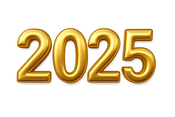 Shiny gold metallic numbers 2025 represent the upcoming new year, isolated on transparent background