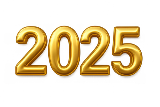 Shiny gold metallic numbers 2025 represent the upcoming new year, isolated on transparent background