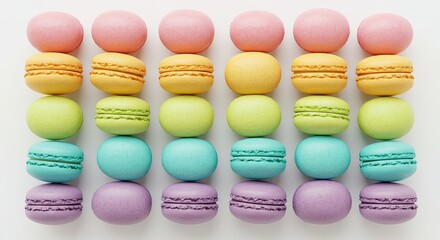 Arrangement of Colorful Macarons on White Surface