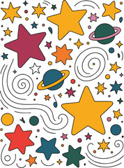 Colorful Galaxy Cartoon Illustration with Swirling Spirals, Floating Planets, Bold Stars, and Cosmic Elements – Whimsical Doodle Style Space Art Ideal for Kids’ Books, Wallpapers, and Educational Post