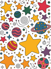 Whimsical Cartoon Space Background Featuring Colorful Planets, Bright Yellow Stars, Spirals, Doodles, and Orbits on a White Background – Fun and Playful Astronomy Illustration for Kids and Educational