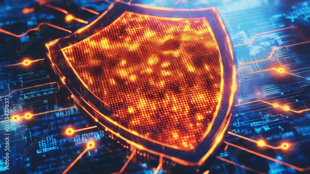 Poster glowing orange shield over a blue digital circuit board representing data protection in a high-tech 