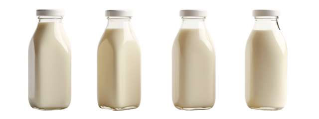 A   four bottles  milk on a white background.
