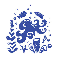 Blue silhouette of octopus and fishes in sea in algae with bubbles underwater in doodle style. Underwater world. Vector monochrome stamp for decoration, stickers, textiles, cards.