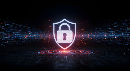 Digital shield with lock symbolizes robust cybersecurity and data protection against cyber threats.