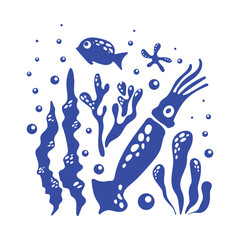 Blue silhouette of squid and fishes in sea in algae with bubbles underwater in doodle style. Underwater world. Vector monochrome stamp for decoration, stickers, textiles, cards.