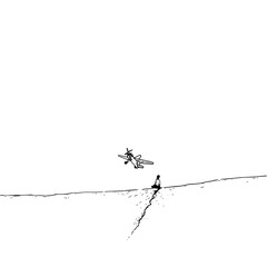 Fototapeta premium A drawing of a person sitting on a cliff watching an airplane flying in the sky on a clear bright day