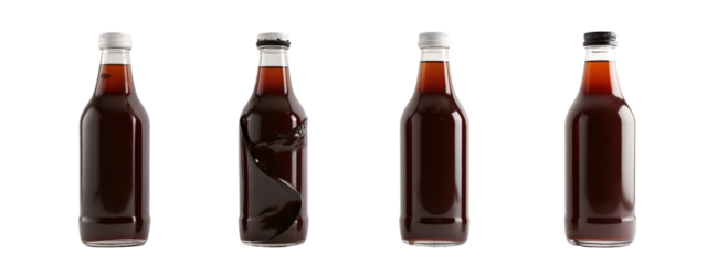 A series  three bottles  dark brown liquid with a white cap.