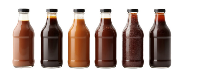 A row  six glass bottles filled with different types  sauces.