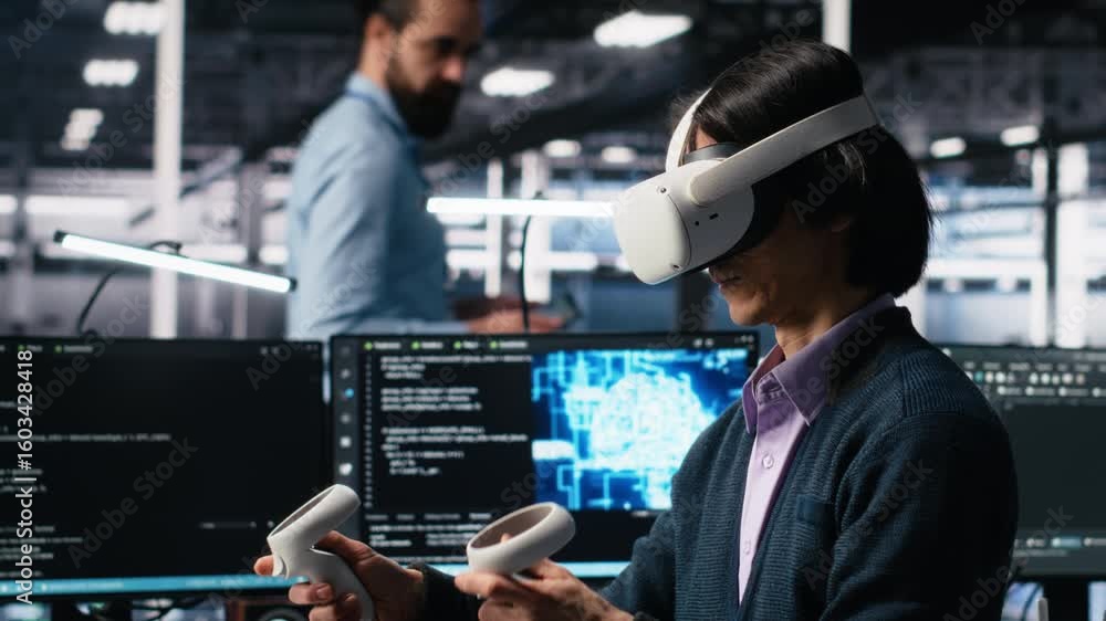 Poster programmer using vr goggles in data center, coding with generative ai assistance. it specialist usin