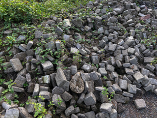 Pile of left over pavers, flooring or concrete block paving, cube shape, with green vines