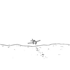 Fototapeta premium Airplane flying above a line of footprints on the ground in a black and white drawing style image