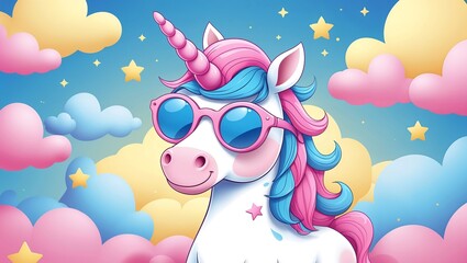Fototapeta premium Adorable Unicorn Wearing Sunglasses with Colorful Clouds and Stars Illustration
