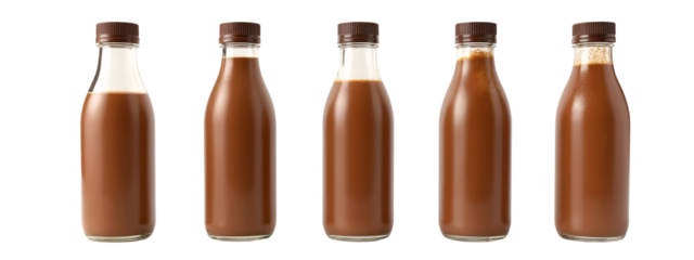 A row  four bottles  chocolate sauce on a white background.
