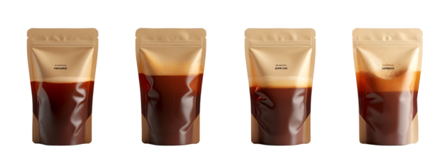 A set  four bags  cfee on a white surface.