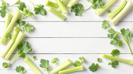 Fresh celery sticks and green leaves artfully arranged as a frame on white painted wooden boards, top view with copy space. Healthy food, diet, vegan snacking, and kitchen concept for menu