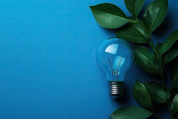 Blue glass lightbulb with green leaves branch on vivid blue background. Innovative technology, eco energy, and sustainable solution concept