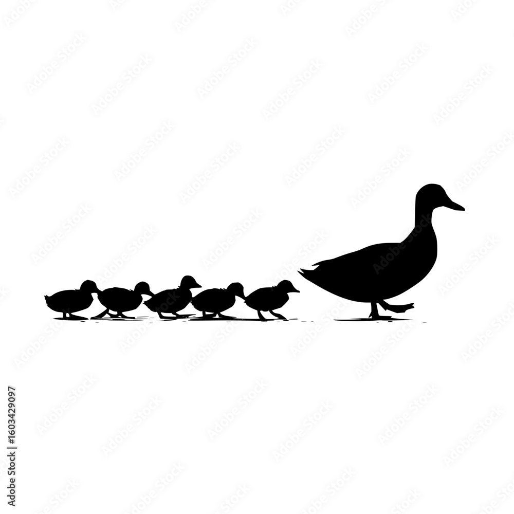 Aufkleber silhouette of a duck and ducklings walking in a row