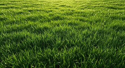 Macro close-up of dense fresh green grass blades with natural sunlight, lush summer texture and vibrant growth concept for design