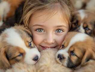 Cuddly group of fluffy brown and white puppies snuggled close together. Warmth, comfort and friendship concept for poster, banner, greeting card, pet care