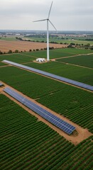 Aerial view of solar panels and wind turbine in green agricultural field, modern sustainable energy, eco technology, renewable power, clean environment concept