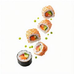 Dynamic shot of California sushi rolls with salmon, avocado, cucumber and tobiko flying in air with wasabi dots on white background. Japanese food, freshness, menu, gourmet concept
