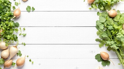 Frame of fresh earthy turnips with leafy greens on white painted wooden planks, top view with copy space. Rustic vegetable harvest, healthy food, and organic garden concept