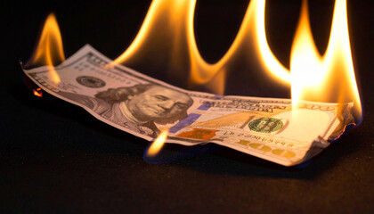 Burning Paper Currency on Black Surface. Economy Concept. Generated Image