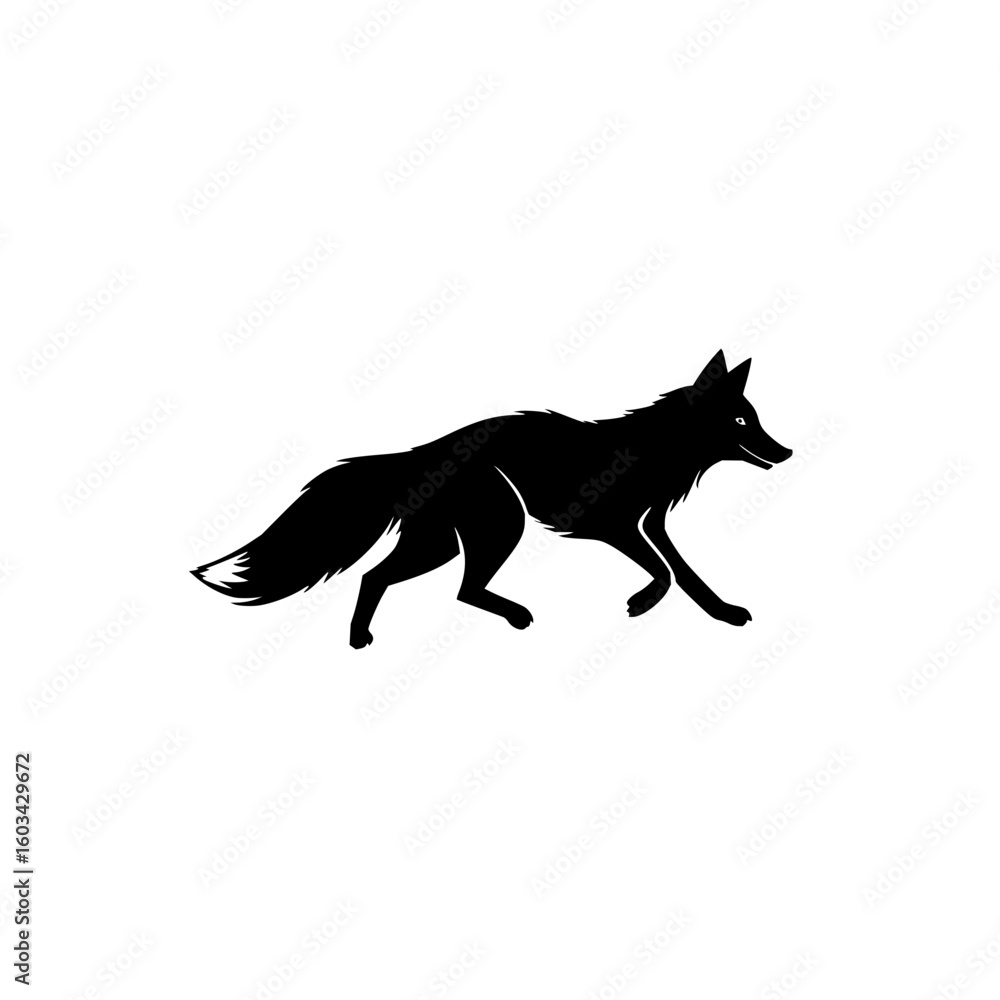 Aufkleber silhouette of a fox running with its tail up and ears perked on a white background in a simple illus