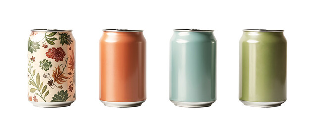 A   four cans with different designs on them.