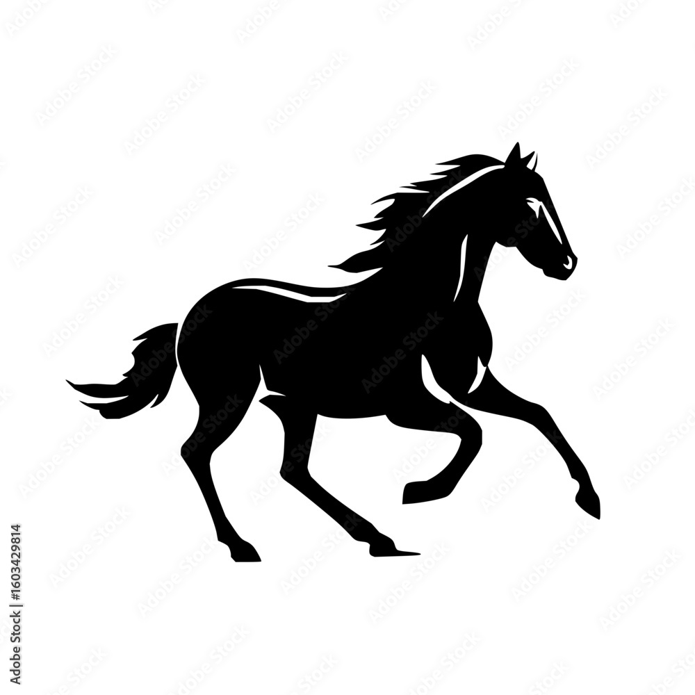 Poster silhouette of a horse galloping with a flowing mane and tail in a dynamic and powerful pose design a