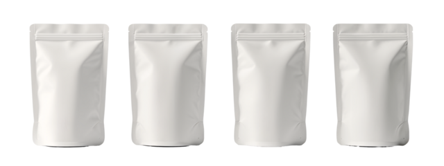 A set  four white stand up pouches on a white background.