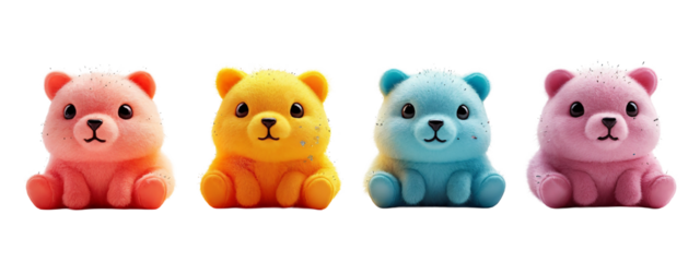 A   four different colored teddy bears sitting next to each other.