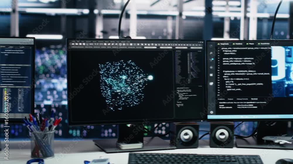 Poster server room pc screens tracking mainframes processing large scale machine learning datasets for arti