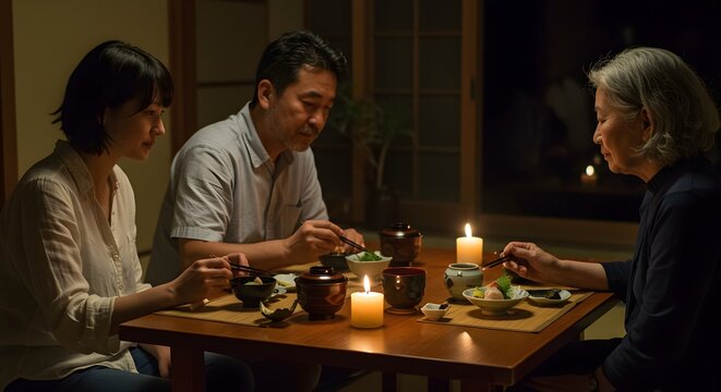 Family Dinner by Candlelight: An intimate gathering of family sharing a peaceful meal illuminated by the warm glow of candlelight, fostering a sense of closeness and togetherness. - Powered by Adobe