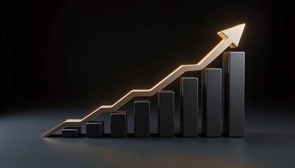 3D Glowing Bar Graph With Arrow Showing Upward Trend. Deep Black Business Theme.