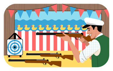 A cheerful man takes aim at a target in a colorful carnival shooting gallery, illustrating the excitement and fun of classic fairground games and competitive spirit.