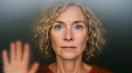 Sad mature caucasian woman looking through a window, concept of loneliness and isolation