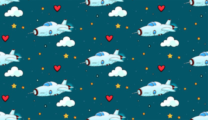 Seamless pattern with cute outer space elements. Cosmic background with funny cartoon characters, spaceships, clouds planet, comet and stars. Trendy modern vector illustration, hand drawn, flat design