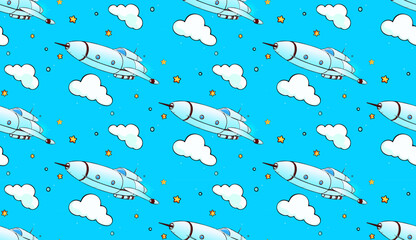 Seamless pattern with cute outer space elements. Cosmic background with funny cartoon characters, spaceships, clouds planet, comet and stars. Trendy modern vector illustration, hand drawn, flat design