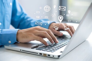 Businessman using laptop with virtual user guide icon for business service. User manual guide, Online instruction manual and strategy advice.