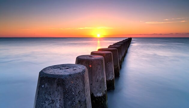 Calm sunset over the sea, with breakwater