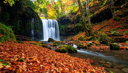 Autumn waterfall cascading through a forest