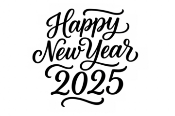 Elegant calligraphy lettering writing happy new year 2025 in stylish script, floating on transparent background