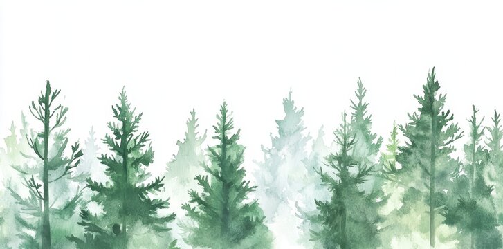 The modern watercolor illustration features Christmas trees standing tall in a forest filled with fir trees, pine trees, and spruce trees, all rendered in a beautiful ink painting style with