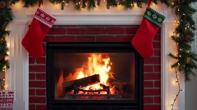 Christmas socks stockings for gift on the fireplace